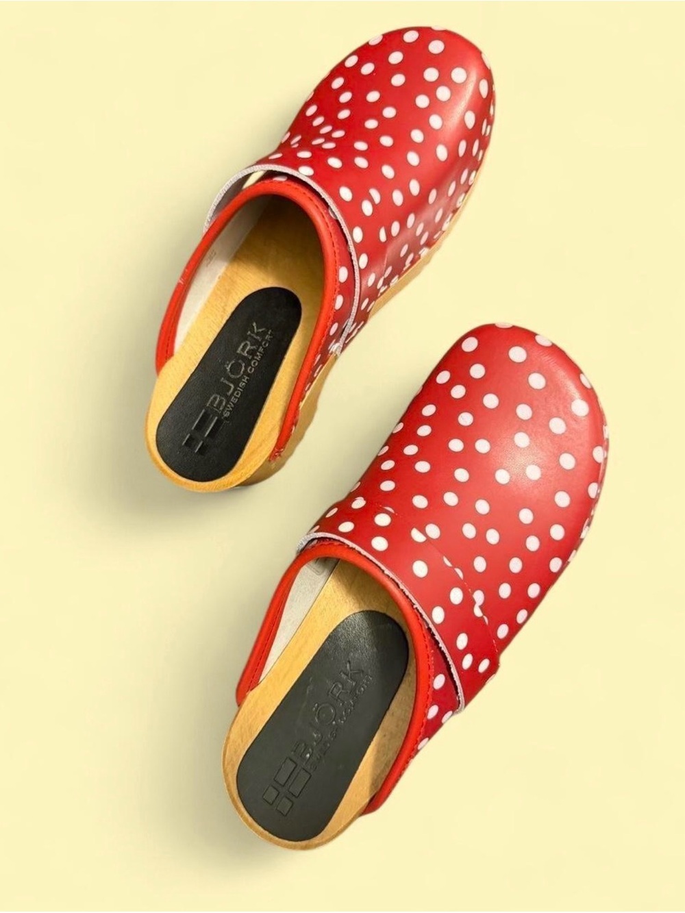 Women’s Red Polka Dot Leather Clogs — Slip-On Comfort